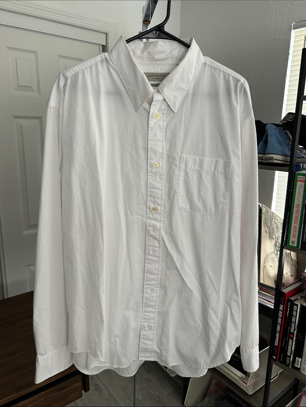 All Saints Men's Oversized White Casual Button-Down Shirt